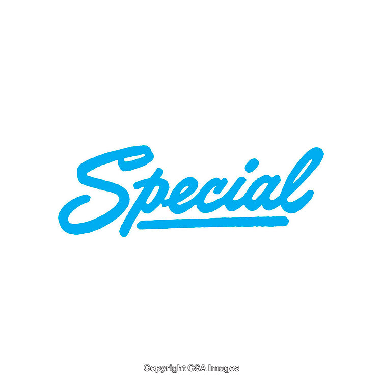 Blue Script Writing Displaying the Word Special on White Background