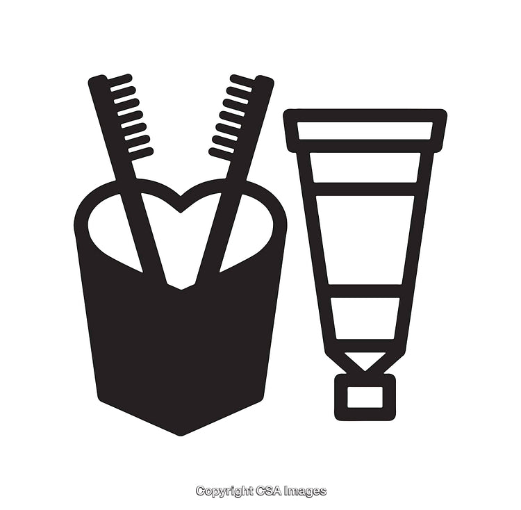 Black and White Icon of Toothpaste Tube and Cup with Toothbrushes