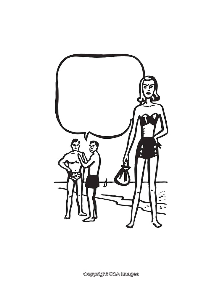 Retro-Style Black and White Line Art of Vintage Beach Scene