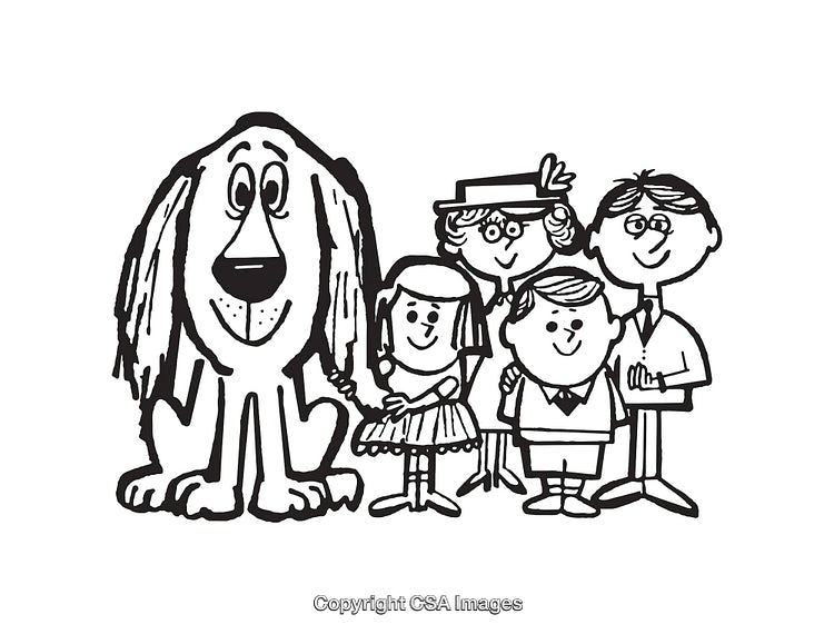 Black and White Line Art of a Family with a Large Dog
