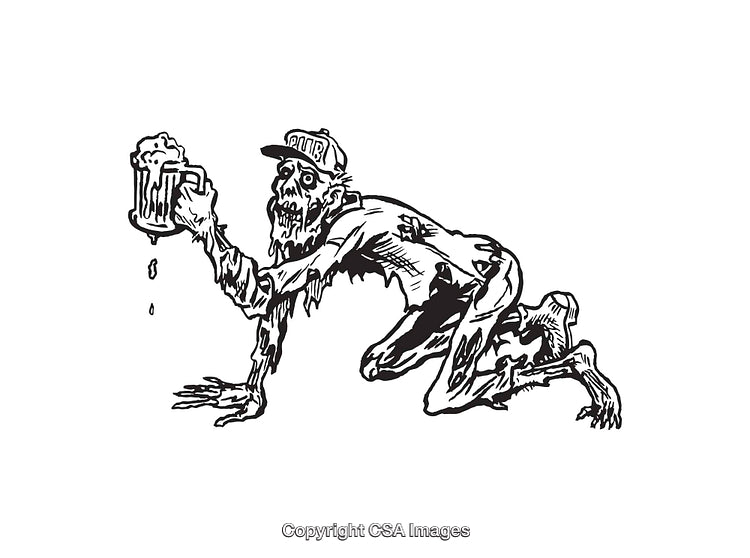 Black and White Line Art of Zombie Holding a Mug of Beer