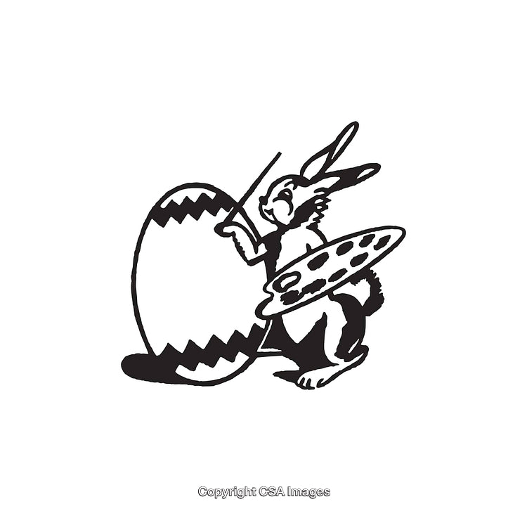 Black and White Illustration of Bunny Painting an Easter Egg