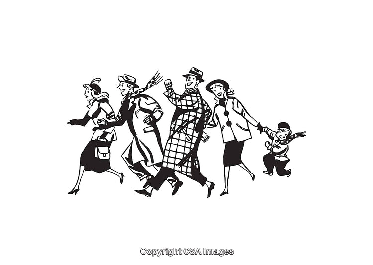 Retro Black and White Line Art of People Walking Together