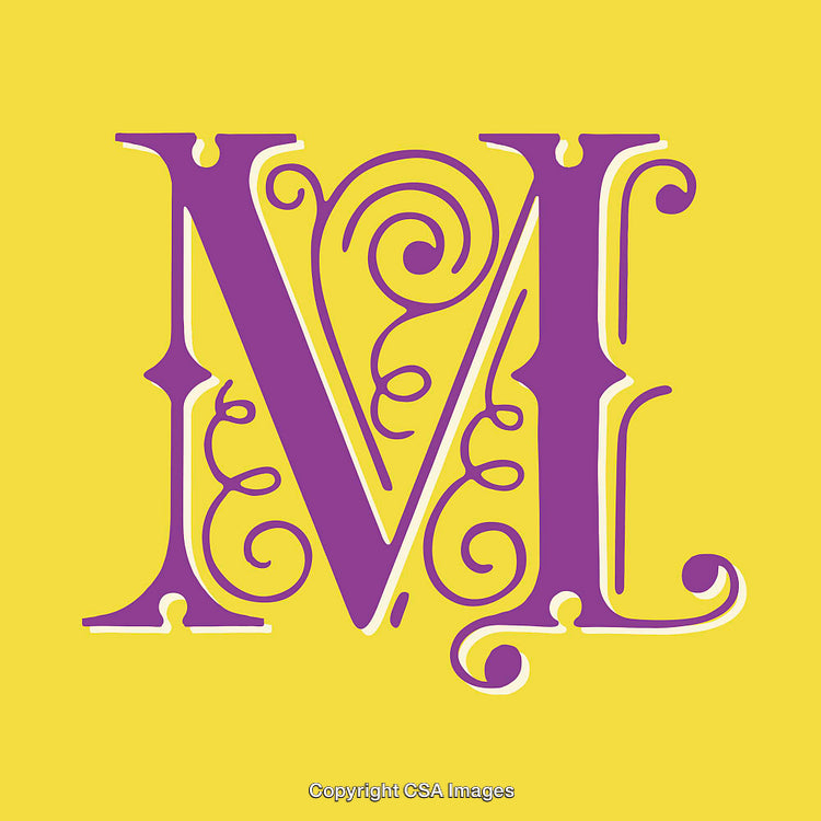 Elegant Letter M in Decorative Purple Design with Yellow Background