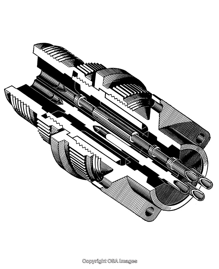 Detailed Black and White Engraving of Mechanical Engineering Design