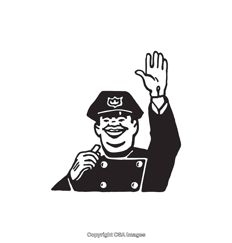 Black and White Line Art of a Friendly Police Officer Waving