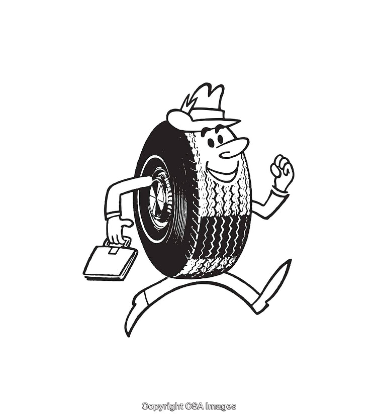 Cartoon Tire Character with Rugged Hat Running with Briefcase