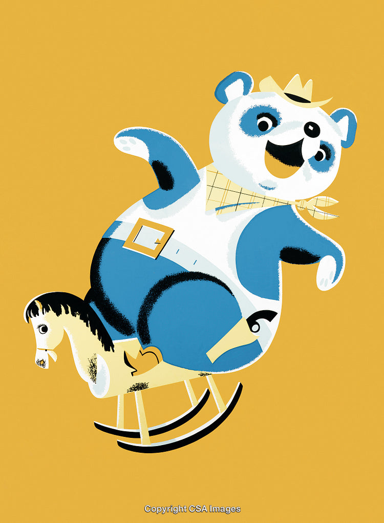 Illustration of a Playful Panda Riding a Rocking Horse on Yellow Background