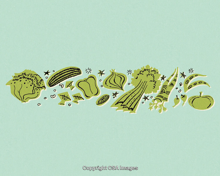 Illustrated Green Vegetables Pattern Over Soft Teal Background