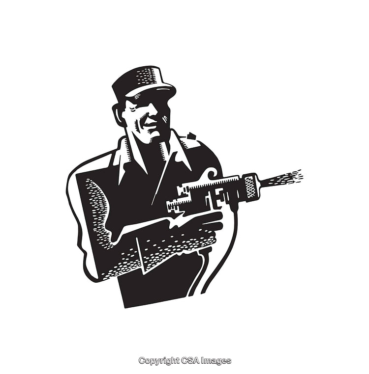 Black and White Illustration of Worker Operating a Power Tool