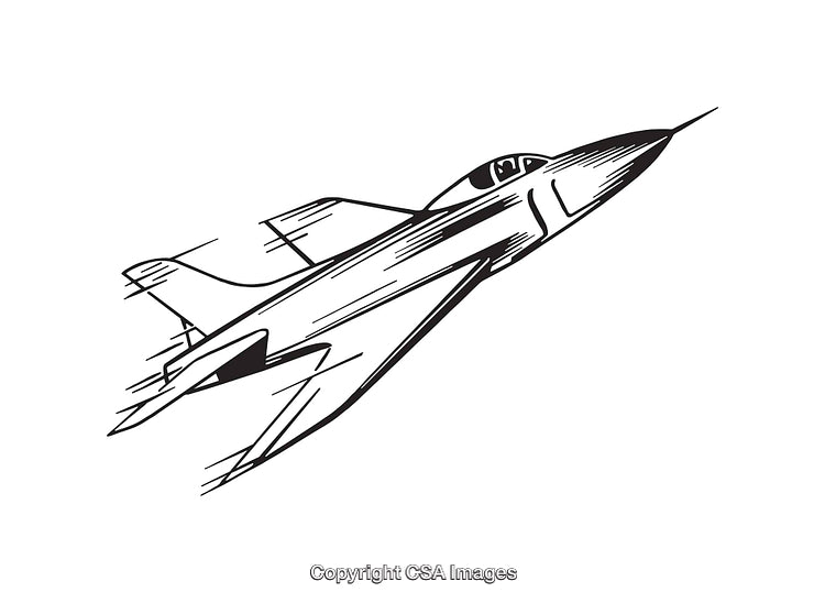 Black and White Line Art Sketch of a Jet Plane in Flight