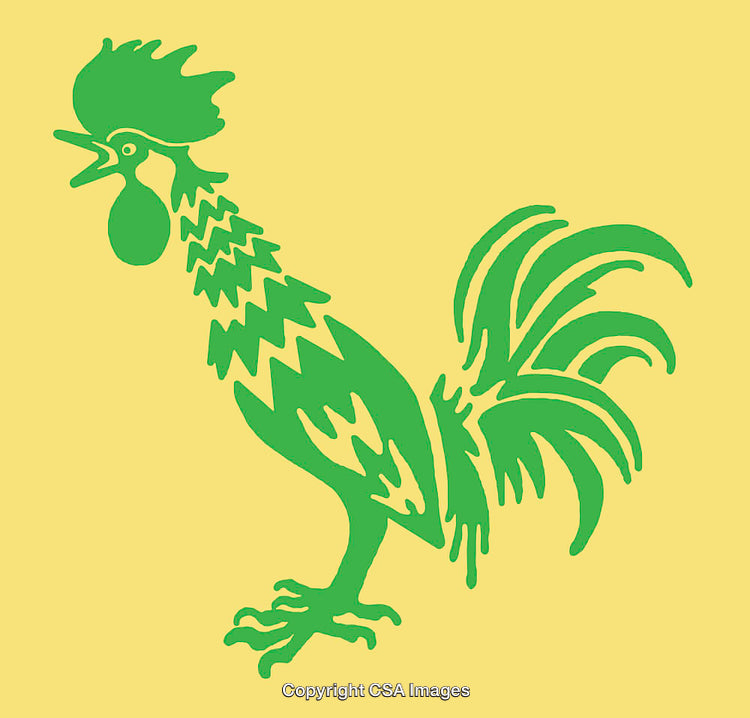 Bright Green Rooster Line Art on Vibrant Yellow Background