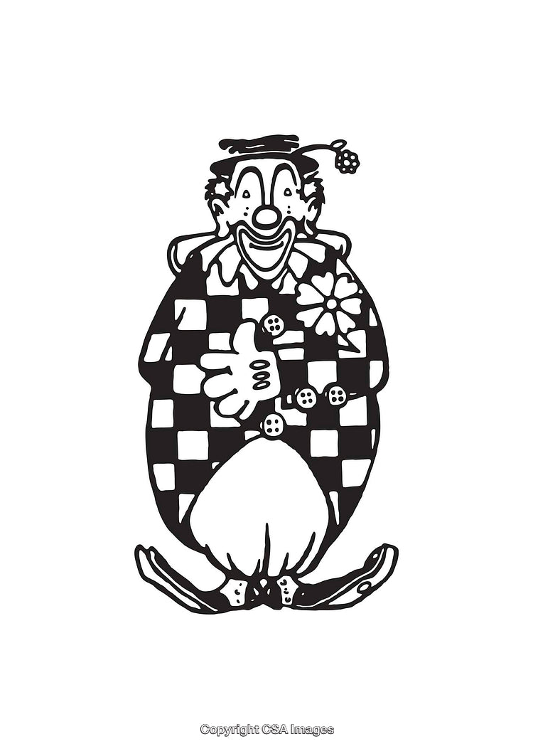 Black and White Line Art of a Cheerful Clown in Checkered Outfit