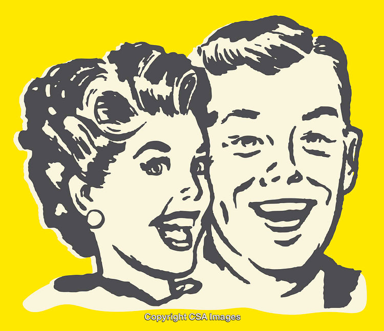 Retro Style Illustration of a Happy Smiling Couple on a Bright Yellow Background