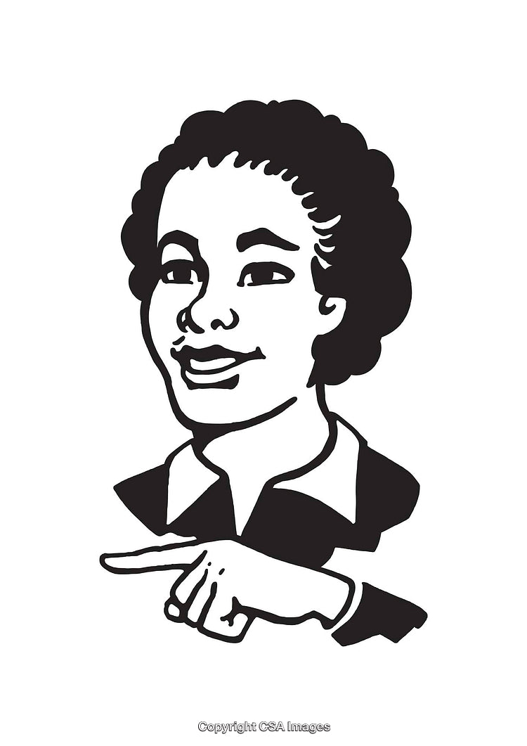 Black and White Illustration of Person Pointing With a Smile