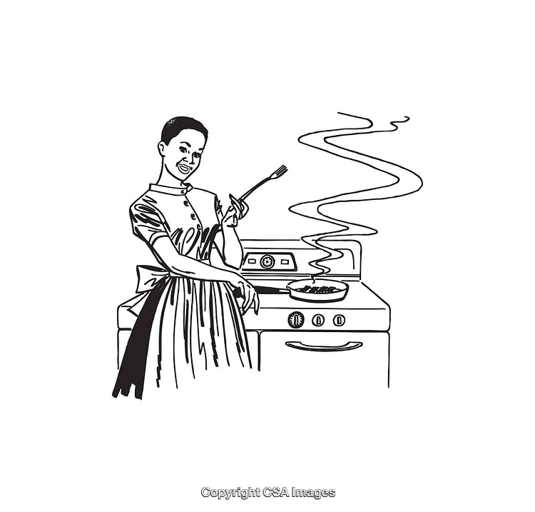 Vintage Line Art of Woman Cooking on Stove in Kitchen