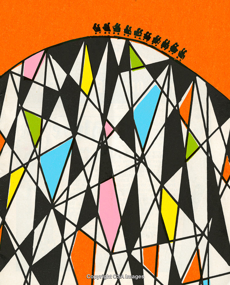 Bright Geometric Design with Stylized Roller Coaster on Orange Background