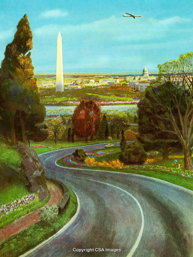 Idyllic Urban Scene Featuring Monument and Roadway with Colorful Nature