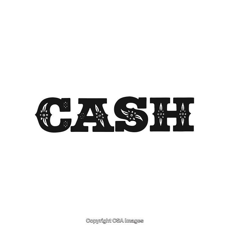 Decorative Cash Text Design with Floral-Ornamented Black Letters on White Background