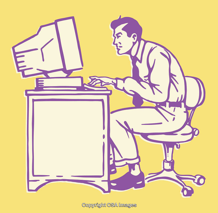 Vintage Illustration of Man Working at a Computer Desk