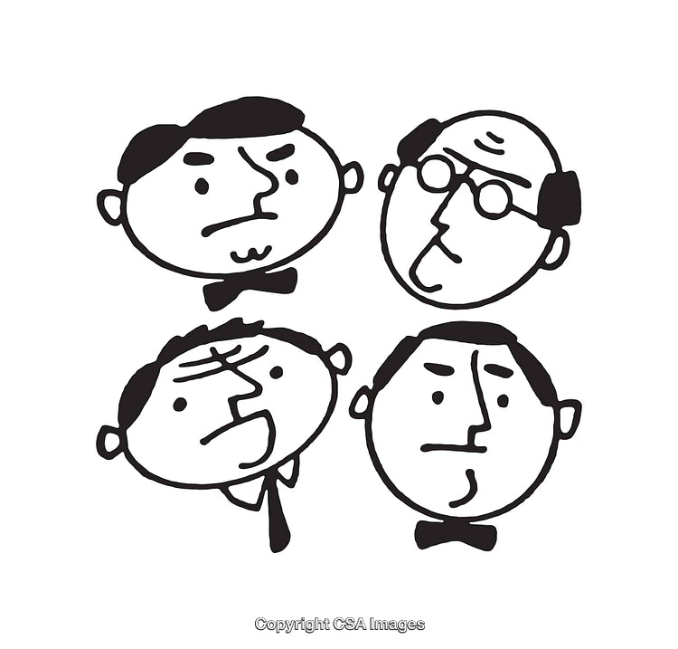 Black and White Line Art Illustration of Four Expressive Male Faces