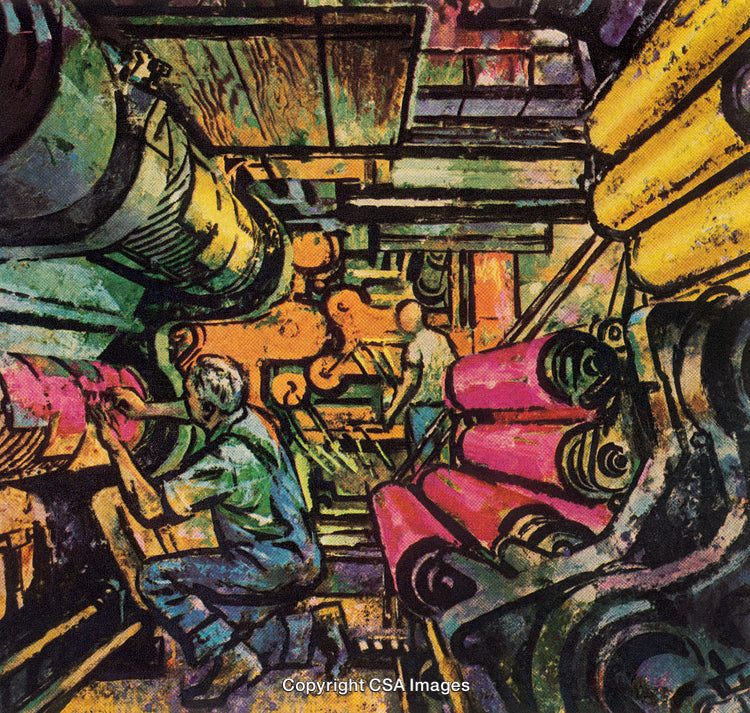 Industrial Artwork Depicting Workers and Machinery in Vibrant Colors