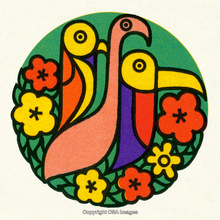 Cartoon Illustrative Birds with Flowers in Bright and Vibrant Colors