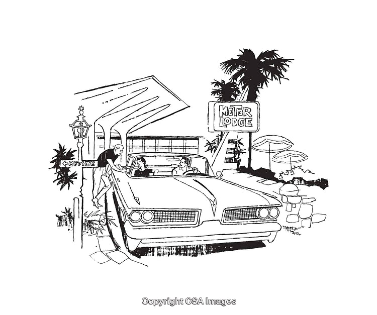 Vintage Line Art of Retro Motel With Classic Car Arrival