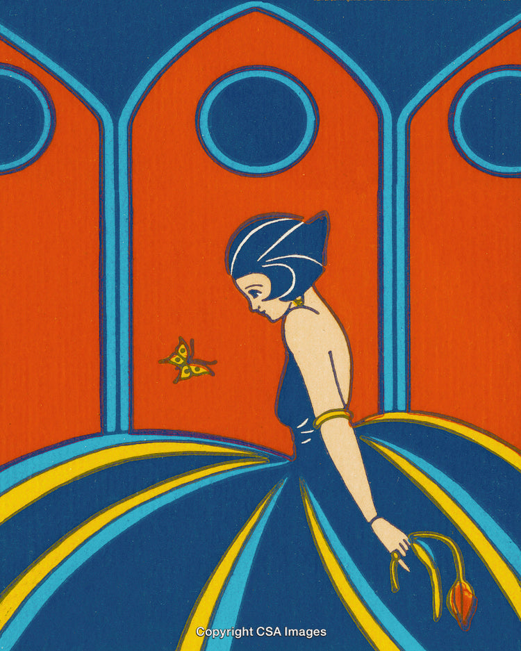 Art Deco Illustration of Elegant Woman in Vibrant Dress With Butterfly