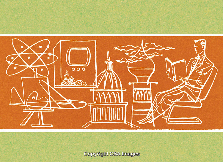 Abstract Artwork Representing Science, Architecture, and Learning Concepts in Vintage Style
