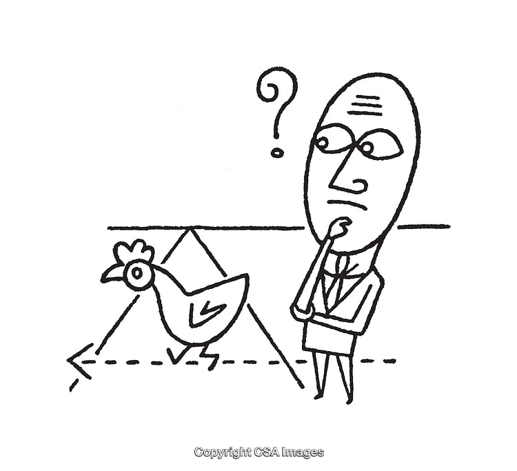 Abstract Line Art Illustration of Person Thinking and Chicken Crossing Path