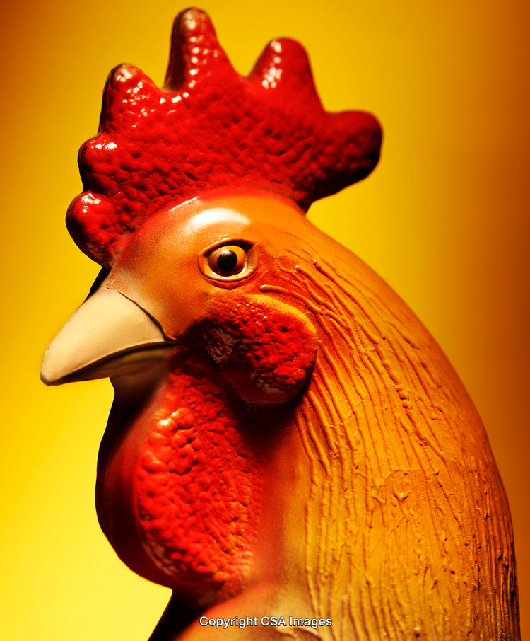 Close-Up of a Vibrant Rooster Figure on a Yellow Background