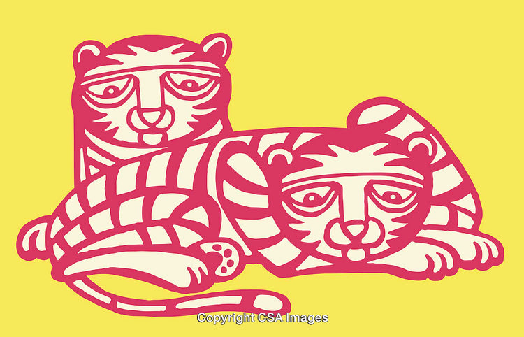 Playful Artistic Illustration of Two Stylized Tigers in Bold Colors