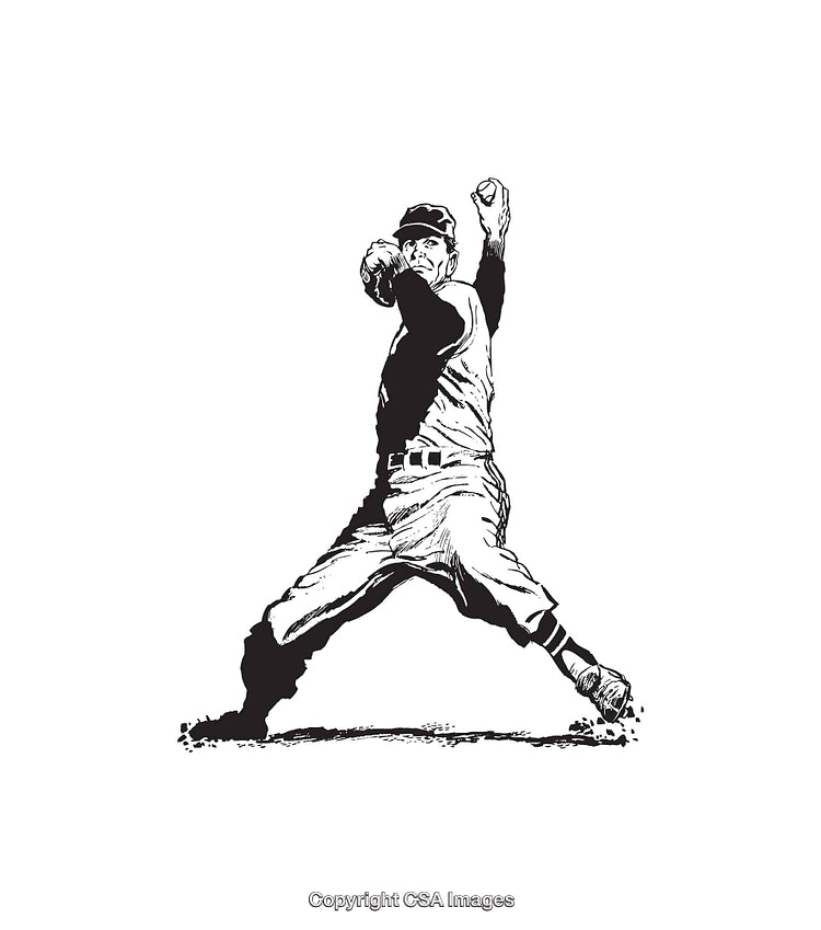 Black and White Illustration of a Baseball Player Pitching
