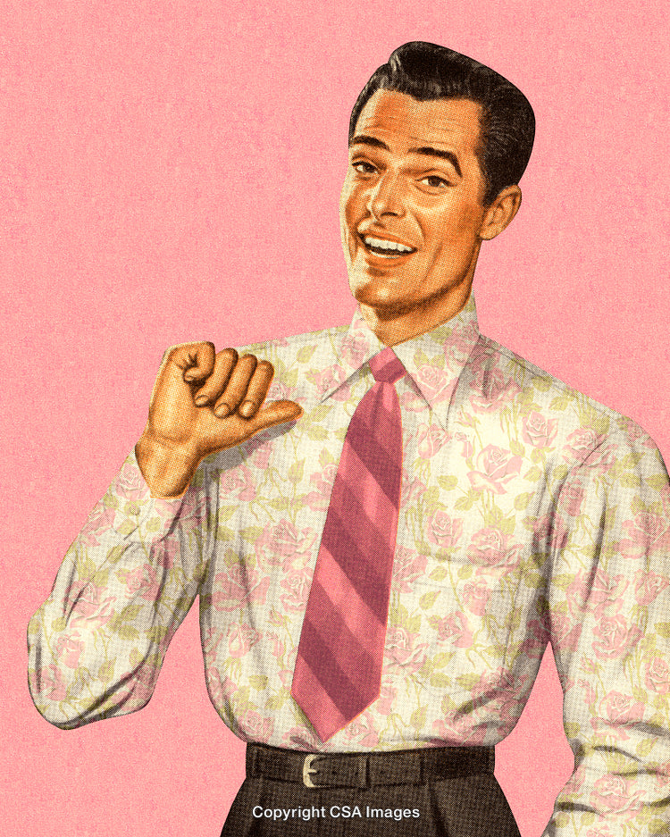 Cheerful Retro Styled Man in Floral Shirt and Striped Tie on Pink Background