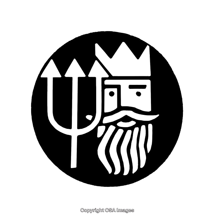 Black and White Illustration of a King with a Crown and Trident