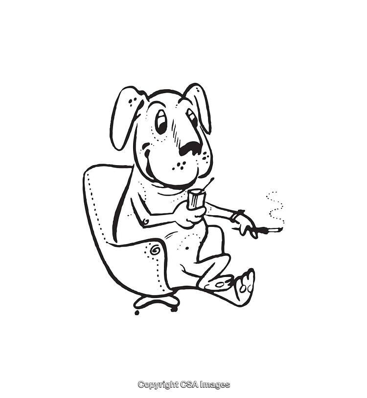 Line Art Dog Illustration Relaxing in Chair with Cup and Pipe