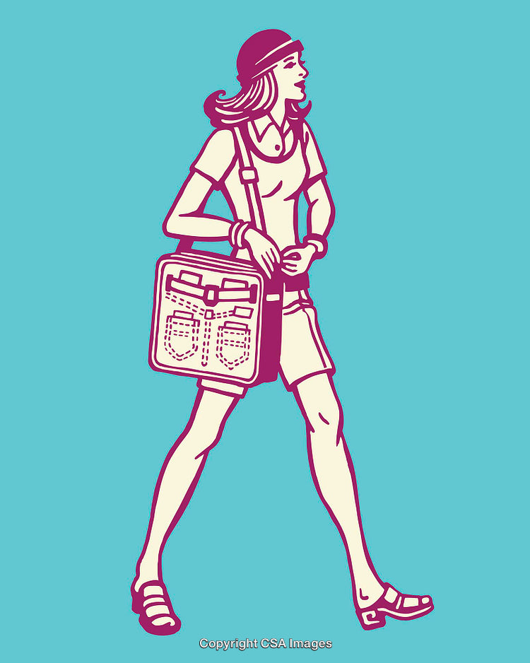 Stylized Illustration of a Young Woman Walking with a Satchel Bag