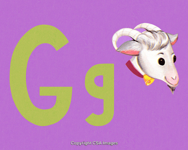 Colorful Illustration of Letter G Featuring a Goat on Purple Background
