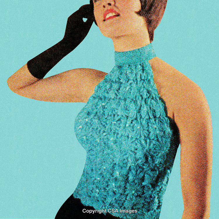 Stylized Portrait Featuring Woman in Retro Textured Dress on Solid Background