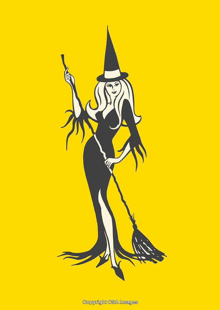 Elegant Witch Illustration with Broomstick on Yellow Background