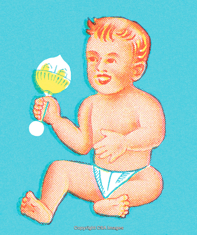 Retro Style Baby Illustration with Toy Rattle on Bright Blue Background