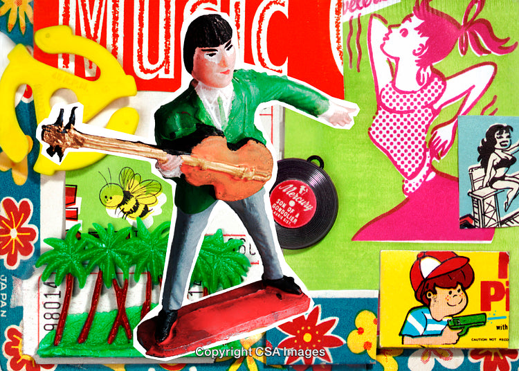 Playful Collage of Retro Figurines and Colorful Plastic Toys