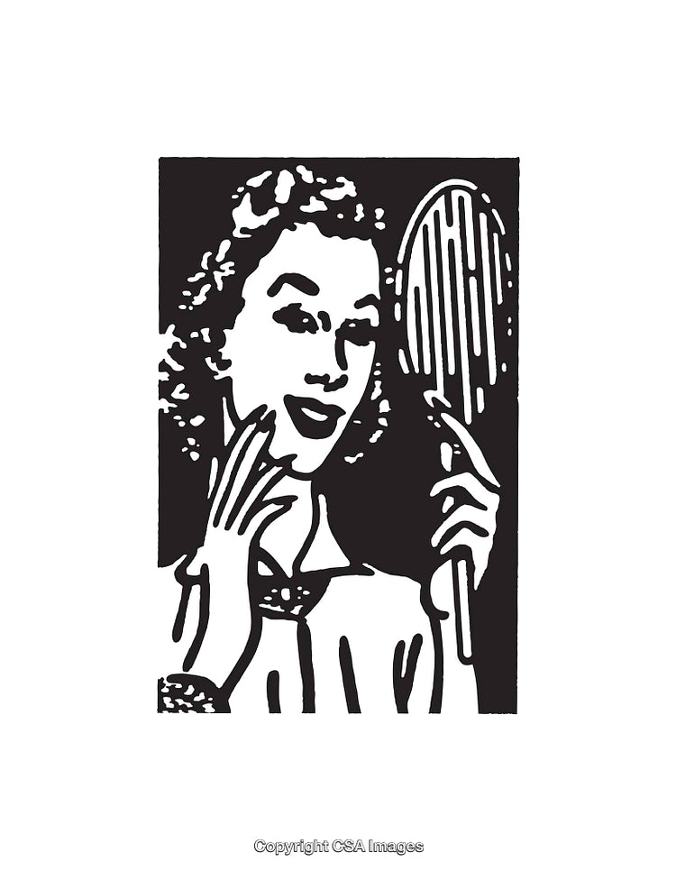 Vintage Line Art of Woman Looking in Mirror Expressing Elegance