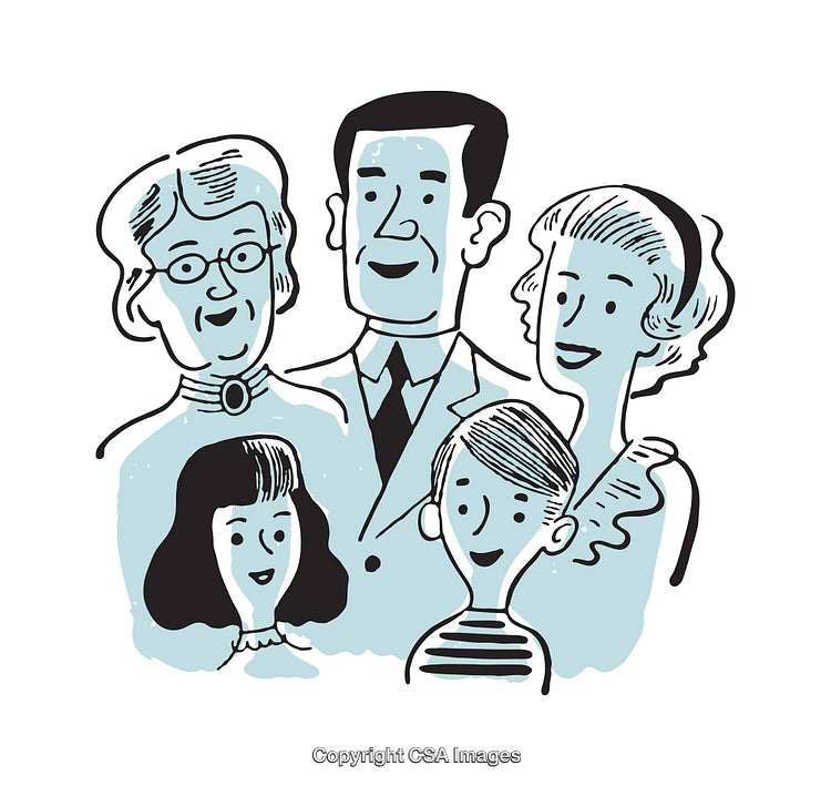 Retro-Styled Illustration of a Happy Multigenerational Family Celebration