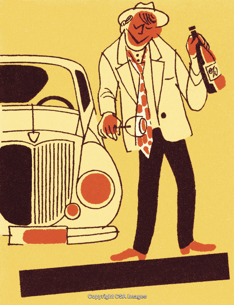 Artistic Depiction of a Sophisticated Gentleman Holding Wine Beside a Classic Car