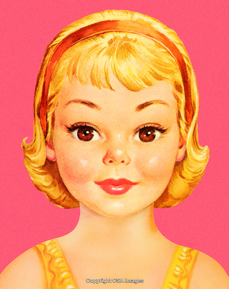 Vintage Illustration of a Young Girl Against a Bright Pink Background
