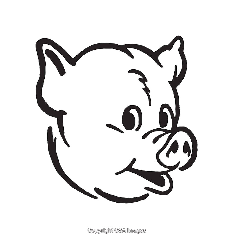 Black and White Line Art of a Smiling Cartoon Pig