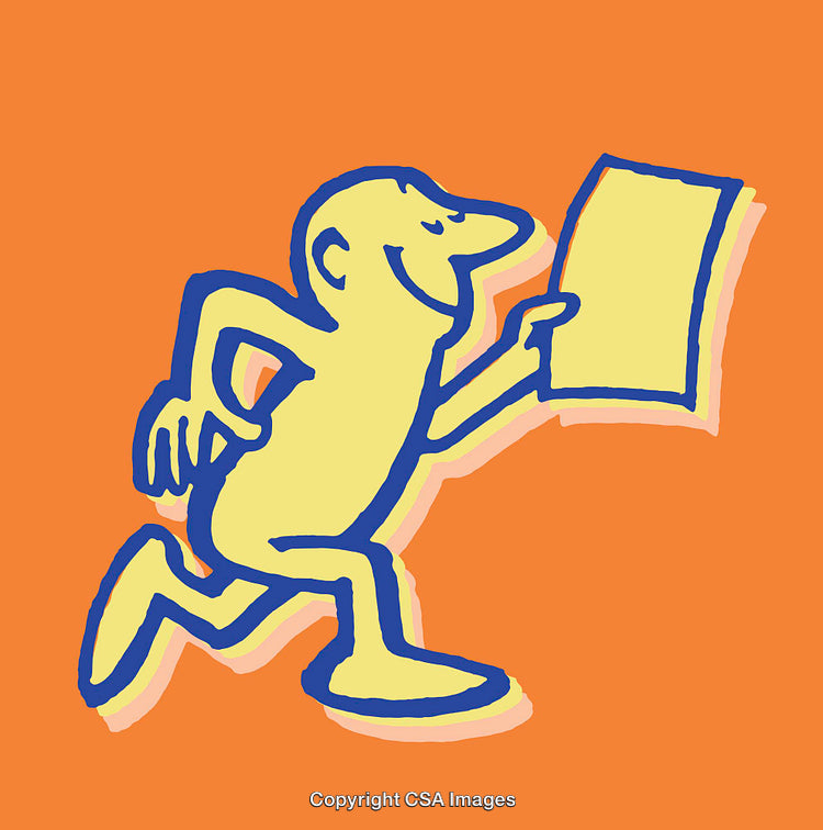 Whimsical Character Running with a Paper on Vibrant Background
