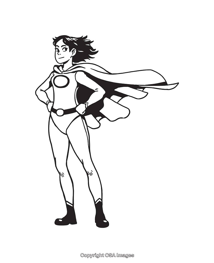 Black and White Line Art of a Confident Female Superhero Illustration